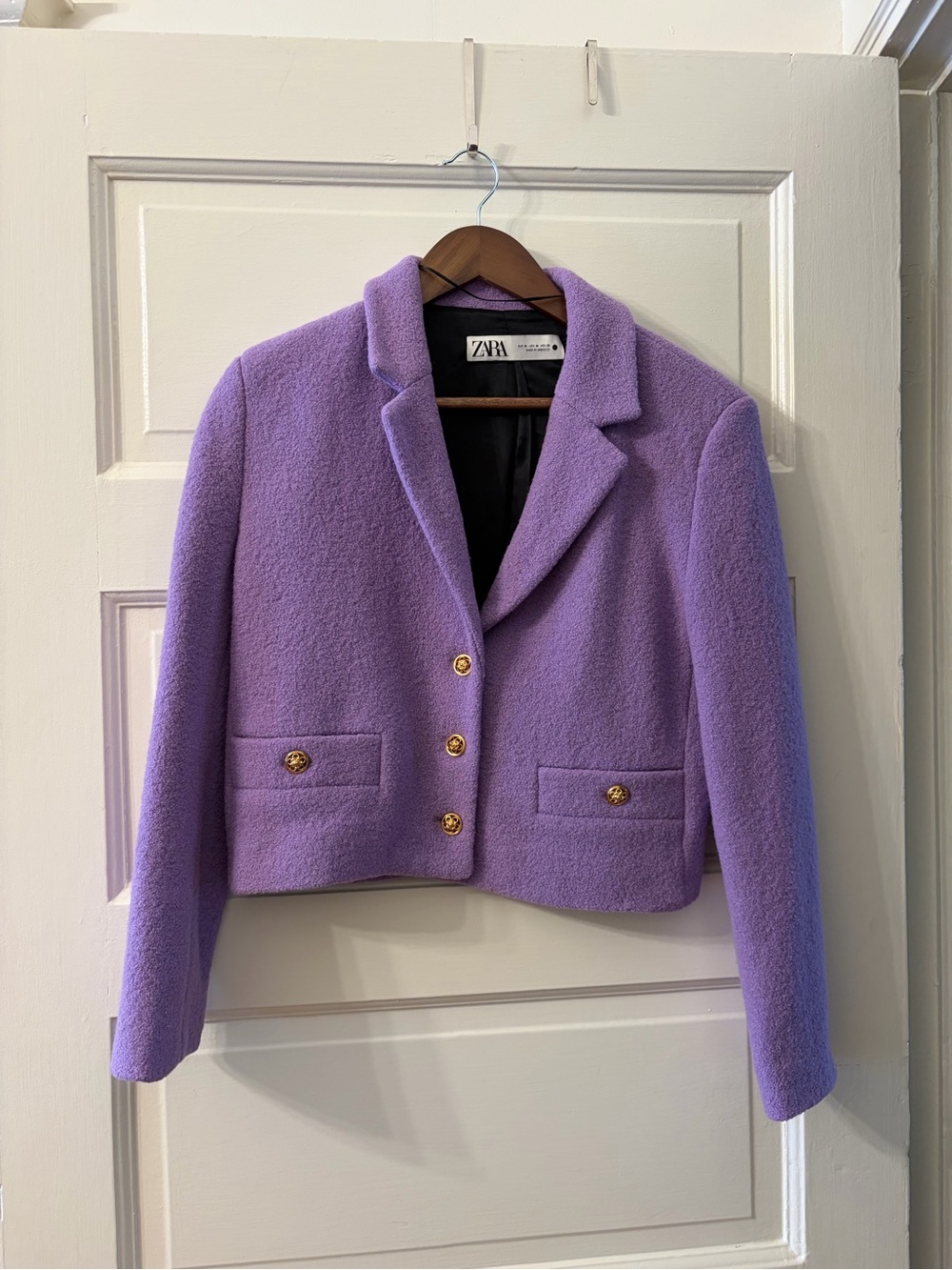 Zara Lilac Cropped Wool-Blend Blazer with Gold Buttons